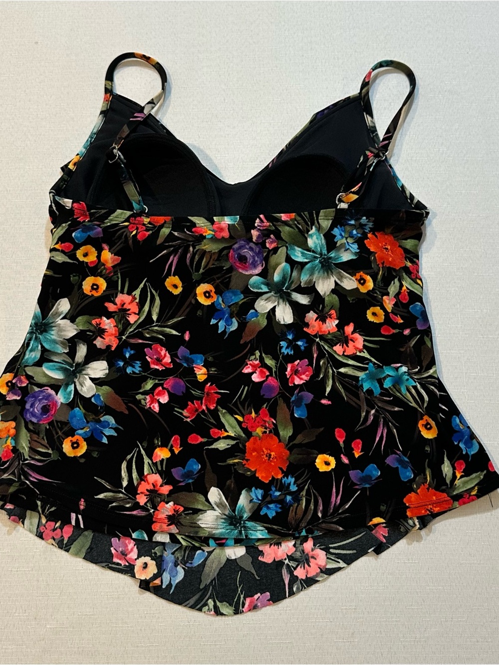 Aqua Green Floral Tankini Swim Top Medium Black Tropical Ruffle Built-In Cups - Picture 11 of 16